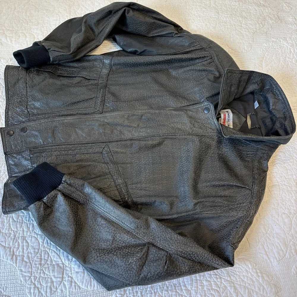 VTG Members Only Leather Bomber Jacket Textured Gray Hidden Zipper 1980s Sz40